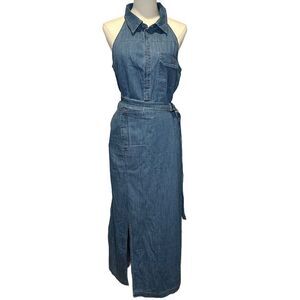 Du Paradis Women's Blue Denim Belted Sleeveless Maxi Shirtdress L